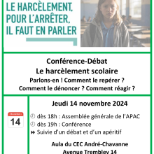 Conférence-Débat Le harcèlement scolaire  Parlons-en ! Comment le repérer ?  Comment le dénoncer ? Comment réagir ?